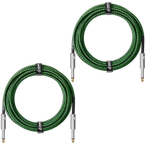 2-Pack 15 Feet Tweed braided 1/4 Inch TS Guitar Cables, Black & Green | Strain relief, Anti-kink, no signal loss, fit electric guitar, bass, amp - color: Green, size: 15ft