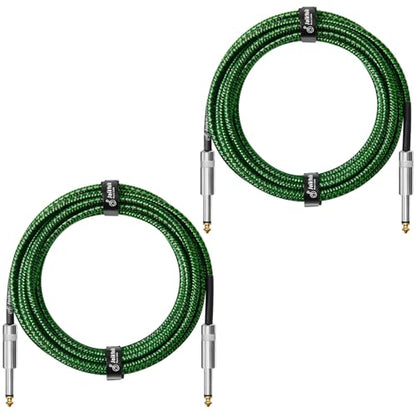 2-Pack 15 Feet Tweed braided 1/4 Inch TS Guitar Cables, Black & Green | Strain relief, Anti-kink, no signal loss, fit electric guitar, bass, amp - color: Green, size: 15ft