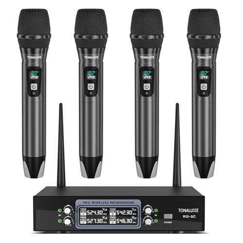4 Channel Wireless Microphone System with Metal Receiver, 4 Handheld Mics, Independent Volume Control, 262ft Range, UHF Karaoke Mic Set for Home Party, Classroom, Church, Wedding, Events