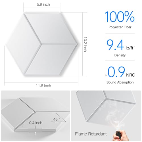 12 Pack Self-Adhesive Acoustic Panels 12" X 10" X 0.4" - Sound Proof Foam Panels with High Density, Stylish Y-Lined Design, Flame Resistant, Absorb Noise and Eliminate Echoes(White) - color: White, size: Y-Cut Hexagon 12 Pack