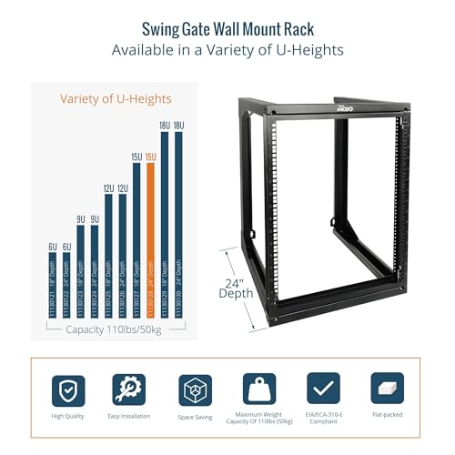Tecmojo 15U Wall Mount Server Rack, Open Frame Network Rack for 19" Computer/AV/Data/IT/Media Equipment, 24" Depth, 16" Apart Mounting Holes, Swing Gate, Square and Tapped Holes - size: 15U/24" Depth (New)