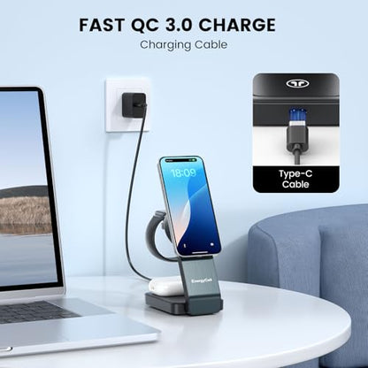 3-in-1 Wireless Charging Station for Apple Devices, 15W Wireless Charger for iPhone 17/16/15/14/13/12, Apple Watch, AirPods, Magnetic Foldable Fast Charger Apple Charging Station