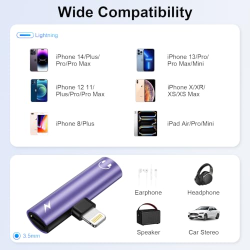 [Apple MFi Certified] 2in1 Lightning to 3.5mm Headphone Adapter and Charger | Lightning to Aux Jack Adapter & Fast Charger iPhone Dongle Audio Splitter for iPhone 14 13 12 11 Pro XR XS Max X 8 7 6 - color: Purple