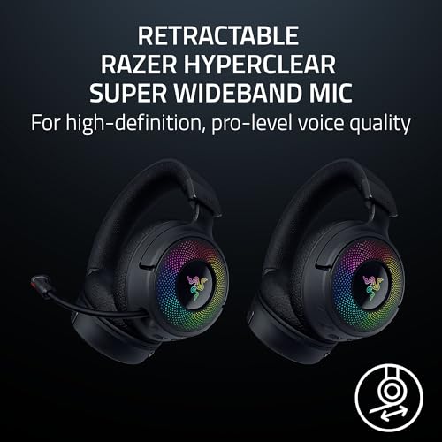 Razer Kraken V4 무선 게이밍 헤드셋: 2.4GHz, 블루투스, USB - 슈퍼 와이드밴드 마이크 - 40mm 드라이버 - 9존 RGB 조명 - PC, 맥, PS5, 닌텐도 스위치, 스팀 데크, 스마트폰용 - 블랙 (리뉴얼)