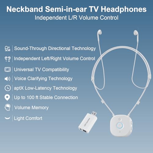 Neckband Earbuds with Independent L/R Volume Control, AptX LL, 100 ft Range, Large Buttons TV Headphones Wireless for Seniors Hearing, Semi-In-Ear Headphones Compatible USB/Optical/RCA/3.5mm Audio Out