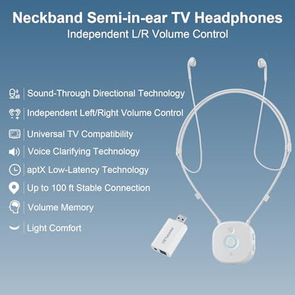 Neckband Earbuds with Independent L/R Volume Control, AptX LL, 100 ft Range, Large Buttons TV Headphones Wireless for Seniors Hearing, Semi-In-Ear Headphones Compatible USB/Optical/RCA/3.5mm Audio Out