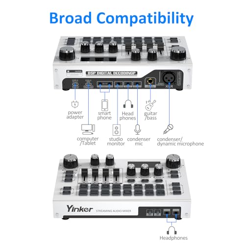 Streaming Audio Mixer, LCD Gaming Audio Mixer Interface, Live Sound Card with Bluetooth, 48V Phantom Power for Live Streaming Podcast, Recording, Gaming