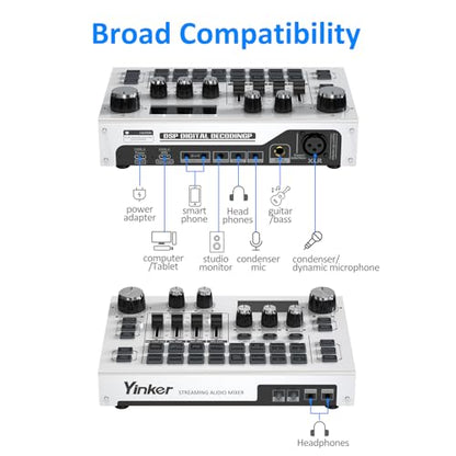 Streaming Audio Mixer, LCD Gaming Audio Mixer Interface, Live Sound Card with Bluetooth, 48V Phantom Power for Live Streaming Podcast, Recording, Gaming