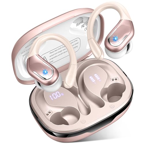 Wireless Earbud, 75H Bluetooth 5.4 Headphones Sport IP7 Waterproof, Running Wireless Earphones with ENC Noise Canceling Mic, 3D Bass Over Ear bud with Earhooks for Android, iOS, Workout, Gym, Rosegold - color: Rose Gold