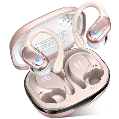 Wireless Earbud, 75H Bluetooth 5.4 Headphones Sport IP7 Waterproof, Running Wireless Earphones with ENC Noise Canceling Mic, 3D Bass Over Ear bud with Earhooks for Android, iOS, Workout, Gym, Rosegold - color: Rose Gold
