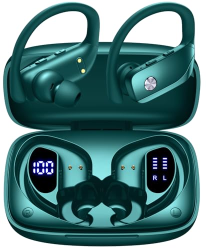 Wireless Earbuds Bluetooth Headphones Over Ear Hooks Ear Buds with 80H Playtime, LED Power Display, Dual Mic Clear Calls, Sports Wireless Ear Buds Bluetooth Earbuds for Running Gym Workout (Green) - color: Green
