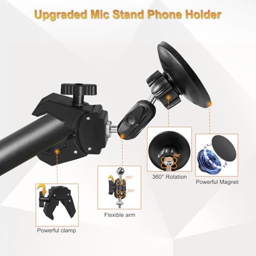 for MagSafe Clamp Mount Phone Holder Handlebar, 360° Swivel Magnetic Mic Stand Phone Holder Microphone Stand Phone Mount Clip for iPhone 16 15 14 MAX Pro Samsung Galaxy Any Smartphones - style: Magnetic