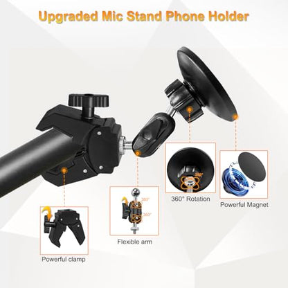 for MagSafe Clamp Mount Phone Holder Handlebar, 360° Swivel Magnetic Mic Stand Phone Holder Microphone Stand Phone Mount Clip for iPhone 16 15 14 MAX Pro Samsung Galaxy Any Smartphones - style: Magnetic