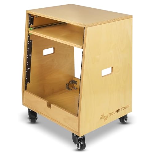 Sound Town DIY Slanted 10U Studio Rack (2U Top + 8U Lower), with 2U Bottom Storage, Slide-Out Tray, Caster, Plywood, Golden Oak For Recording Room, Home Studio (SDRK-ST10T) - size: 10U(2U Top + 8U Lower),Golden Oak