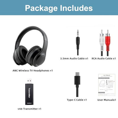 Wireless Over-Ear TV Headphones for Seniors with ANC, Bluetooth 5.3 & 3-in-1 Transmitter (USB/RCA/AUX) for Non-Bluetooth TVs, 35H Playtime, 220g Lightweight Foldable, Gifts for Elderly Parents