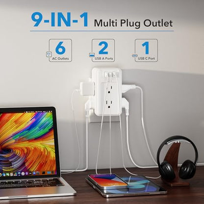 BN-LINK Multi Plug Outlet, 6 Wall Outlet Extender with 3 USB Charging Ports (1 USB C) Total 3.4A, 3-Sided Outlets Splitter Multiple Outlet Wall Plug for Home Office Dorm Room - size: 6 Outlets (3 Side) (USB)