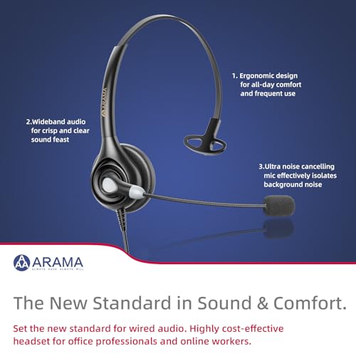 Arama Telephone Headsets for Yealink Phones, RJ9 Office Wired Headset | Mic Noise Cancelling, Compatible with Yealink VoIP Phone T54W T46U T33G, Poly Snom Grandstream Phones Desk Phones - size: Mono-A600Y
