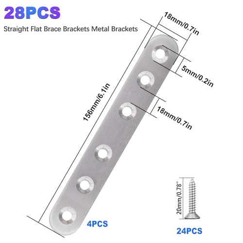mxuteuk 28PCS Stainless Steel Straight Flat Brackets, Metal Brackets for Wood (6.1x0.78inch, 156x20mm) - color: Silver-156mm