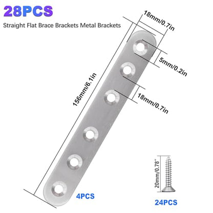 mxuteuk 28PCS Stainless Steel Straight Flat Brackets, Metal Brackets for Wood (6.1x0.78inch, 156x20mm) - color: Silver-156mm