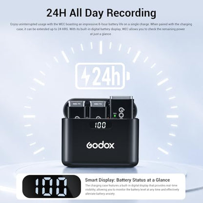 Godox WEC 2.4GHz Wireless Microphone System - 12g Ultra Compact, 200m Range, 24H Recording, Intelligent Noise Cancellation, Compatible with Cameras/Smartphones for Live Streaming, Interviews, Vlogging