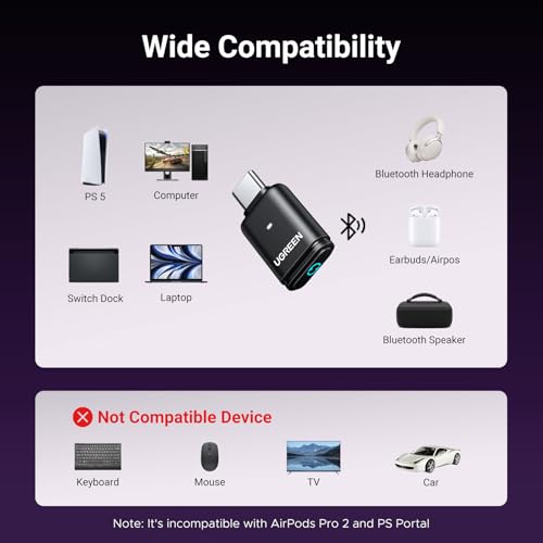UGREEN USB-C Bluetooth Adapter for PS5 with APTX Low Latency/aptX-Adaptive | Bluetooth 5.3 Audio Adapter, Wireless Audio Transmitter to Connect Wireless Headphones/Earbuds