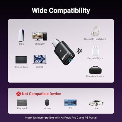 UGREEN USB-C Bluetooth Adapter for PS5 with APTX Low Latency/aptX-Adaptive | Bluetooth 5.3 Audio Adapter, Wireless Audio Transmitter to Connect Wireless Headphones/Earbuds