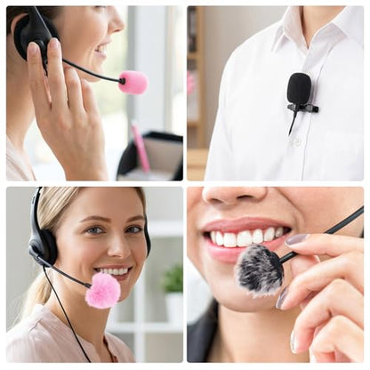 PAGOW 6Pcs Mini Foam Microphone Windscreens＆Furry Cover, Mic Headset Cover | Black Pink High Density Lapel Microphone Windscreen for Lavalier Microphones Noise Reduction (4pcs Foam + 2pcs Furry) - color: Black,Pink,Foam(4pcs),Furry(2pcs)
