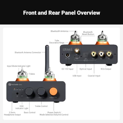 Fosi Audio GR40 튜브 프리앰프, DAC, 스테레오 헤드폰 앰프 3.5mm 홈 오디오, 액티브 스피커/헤드폰용, 블루투스 및 USB/옵트/동축 기능이 있는 디지털-아날로그 오디오 컨버터 프리앰프