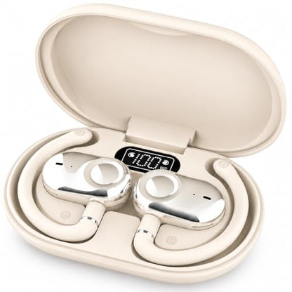 Open Ear Earbuds Bi-Axial Custom Fit Immersive Sound Wireless Headphones | Over The Ear Bluetooth Ear Buds Waterproof Long Battery for Running Outdoor Sports Travel Conference - OpenBass Fit White - color: Cream White