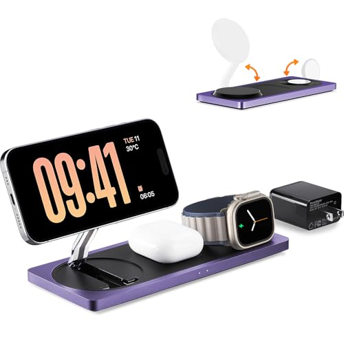 Mag-Safe Charger Stand, 3-in-1 Magnetic Wireless Charging Station for Apple Devices, iPhone 15/14/13/12 Series, Apple Watch, AirPods Pro (Purple) | For iPhone 17/Air/16/15/14/13/12, AirPods & Apple Watch, Foldable Portable Aluminum Charging Stand, Adapter