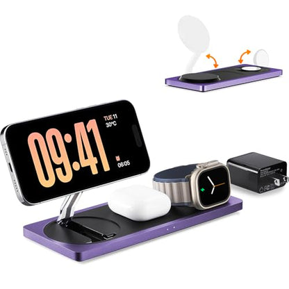 Mag-Safe Charger Stand, 3-in-1 Magnetic Wireless Charging Station for Apple Devices, iPhone 15/14/13/12 Series, Apple Watch, AirPods Pro (Purple) | For iPhone 17/Air/16/15/14/13/12, AirPods & Apple Watch, Foldable Portable Aluminum Charging Stand, Adapter