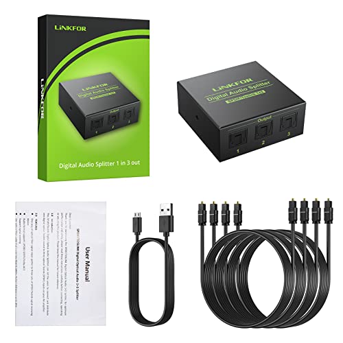 LiNKFOR 3 Port Toslink Splitter with 4pcs 6ft Optical Cable Digital Optical Audio Splitter Aluminum Alloy SPDIF Toslink Fiber Audio Splitter 1 in 3 Out Support Dolby-AC3 DTS for PS3 DVD HDTV - style: 1x3 Splitter with 4pcs Cable