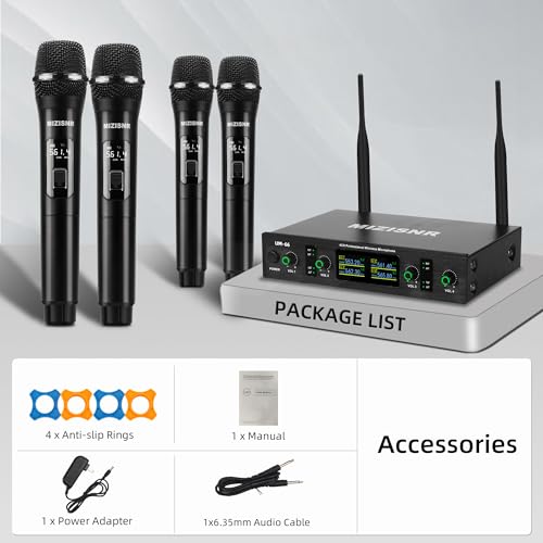 UHF Wireless Microphone Systems, 4 Channels Cordless Handheld Dynamic Karaoke Mic Set, Auto Connect 300ft Range Transmission for Singing, Karaoke, DJ Party, Church, Wedding, PA Speaker