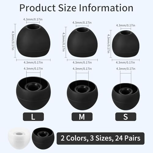 24 Pairs Silicone Ear Bud Replacement Tips,Earbud Tips Covers S/M/L Sizes | Universal Earbud Covers Compatible with Most in-Ear Headphones, Noise Isolation Ear Gels Cushion Replacement Kit