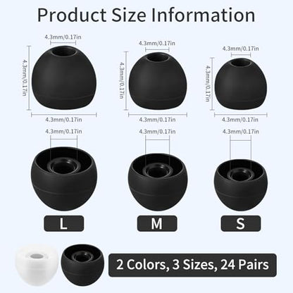 24 Pairs Silicone Ear Bud Replacement Tips,Earbud Tips Covers S/M/L Sizes | Universal Earbud Covers Compatible with Most in-Ear Headphones, Noise Isolation Ear Gels Cushion Replacement Kit