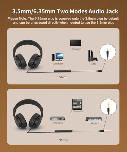 Wired Over Ear Headphones, DJ & Studio Monitor Headphones with 50mm Driver, Stereo Headsets with 1/4 and 3.5mm Jack for Recording Mixing Podcast Keyboard Guitar Laptop - Black