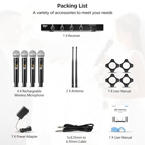 Bietrun 4-Channel Wireless Microphones System with 4 Handheld Mics, UHF Metal Dynamic Cordless Mics for Karaoke, Singing, Church, Family Theater(Auto Connect/295FT Range/Fixed Frequency), Black