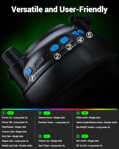 Krysenix Wireless Gaming Headset with Noise Canceling Microphone - Blue | For PC, PS5, PS4, Switch, Mac, 2.4 GHz Wireless & Bluetooth 5.4 Gaming Headphones,RGB Lighting,1200 mAh Battery,50mm Drivers - color: Blue