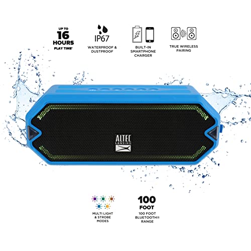 Altec Lansing - HydraJolt Wireless Bluetooth Speaker, Waterproof Portable Speakers with Built in Phone Charger and Lights, Everything Proof Outdoor, Shockproof, Snowproof, 16 Hours Playtime - color: Royal Blue, style: HydraJolt
