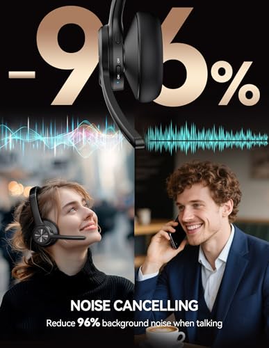 TECKNET Trucker Bluetooth Headset, Wireless Headset with Mic for Work, V5.2 Bluetooth Headphones with AI Noise Cancelling Microphone, 60H Battery, On-Ear Headphones for Call Center, Office, Drivers
