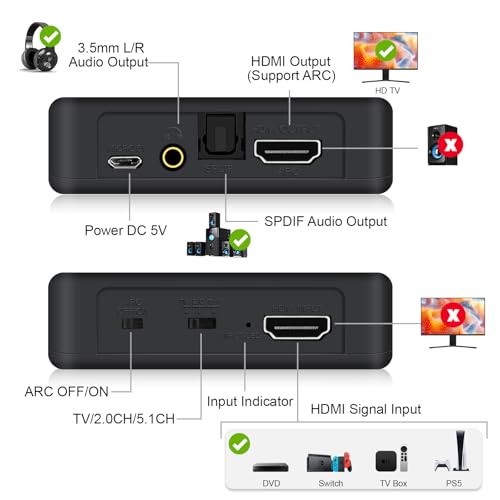 4K@60Hz HDMI 2.0b Audio Extractor Converter Adapter Splitter, HDMI eARC/ARC + Optical Toslink SPDIF + 3.5mm Stereo Audio Out, Support HDCP2.2 Digital PCM DTS 5.1, (Optical/HDMI Cables Included)
