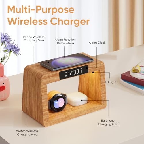 Bamboo Wireless Charging Station, 5 in 1 Charging Station with Light & Alarm Clock for Samsung & Android Phone, Wireless Phone Charger Station Only for Samsung Watch