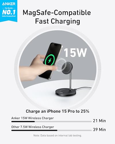 Anker MagGo 2-in-1 MagSafe Compatible Qi2 15W Wireless Charging Stand | Qi2 Certified, Fast Charging, Wireless Charger for iPhone 17, AirPods Pro, and More - color: Black