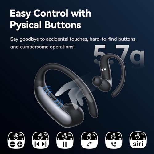 Sport Earbuds with Ear Hook 66hrs Playtime with LED Display Case, Wireless Bluetooth 6.0, Sports Over The Ear Earbuds, IPX4 Gym Workout Running Headphones, Deep Bass & Stereo Sound. - color: Black