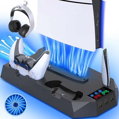 PS5/Slim/Pro Cooling Station with Controller Charging Station for PlayStation 5 Slim/Pro Console, PS5 Cooling Stand Cooler Accessories Incl Cooling Fan, 3 USB Hubs, Headset Holder, Screw - Black - color: Black