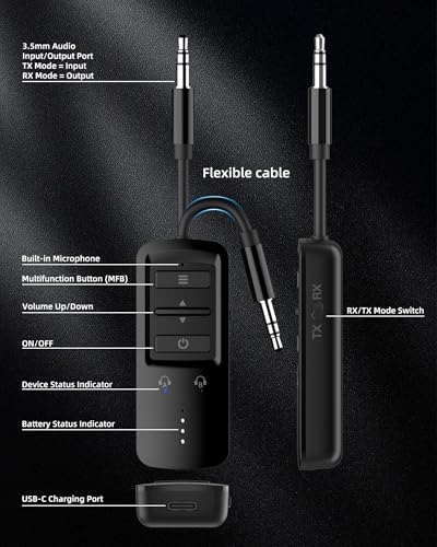 Airplane Bluetooth Transmitter Receiver for 2 Headphones, Black | Wireless Audio Adapter for Plane, TV, Gym, Travel, Compatible with 3.5mm Aux Jack on Car and Home Stereo - color: Black