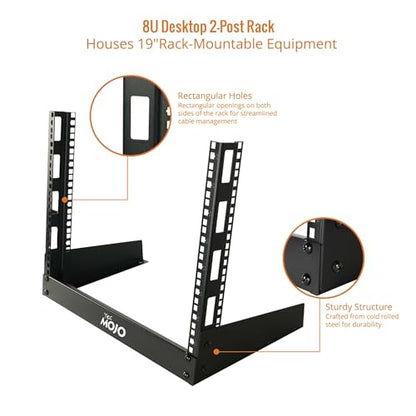 Tecmojo 2 Post 8U Desktop Server Rack Small Open Frame Rack for 19in AV/Data/Audio/Studio Equipment Free Standing Home/Office Rack,Square Hole - size: 8U/Square Hole