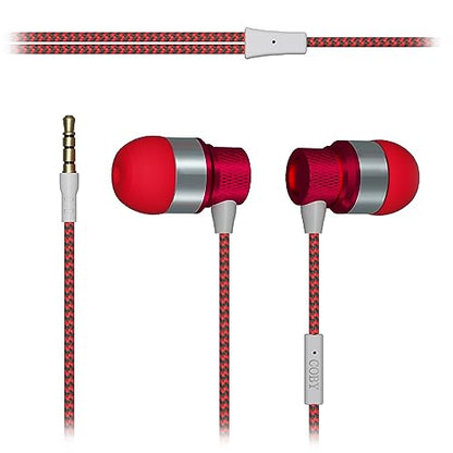 COBY Noise Isolating Metal Wired Earbuds| Wired Headphones w/Tangle Free Braided Wire |Built-in Microphone for Ear Buds| Noise Canceling Headphones w/ 3.5mm AUX| S/M/L Comfort Ear Gels| Red - color: Red
