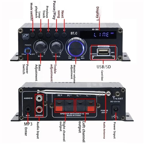 AK-380 블루투스 5.0 홈 오디오 앰프, 최대 400W+400W 2.0CH HiFi 스테레오, 12V 5A 전원 공급 장치, USB SD BT.C FM AUX 포함 무선 수신기, 자동차 홈 바 차고용