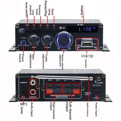 AK-380 블루투스 5.0 홈 오디오 앰프, 최대 400W+400W 2.0CH HiFi 스테레오, 12V 5A 전원 공급 장치, USB SD BT.C FM AUX 포함 무선 수신기, 자동차 홈 바 차고용